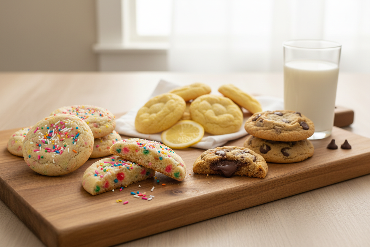 Cookie variety featuring Birthday Cake, Lemon, and Chocolate Chip Cookies